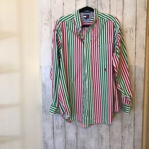 Vintage Tommy Hilfiger Green, Red and White Striped Button-Down Long Shirt L